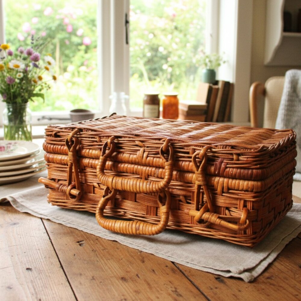 Vintage Wicker Picnic Basket with Handles Rattan Hamper Rustic Farmhouse